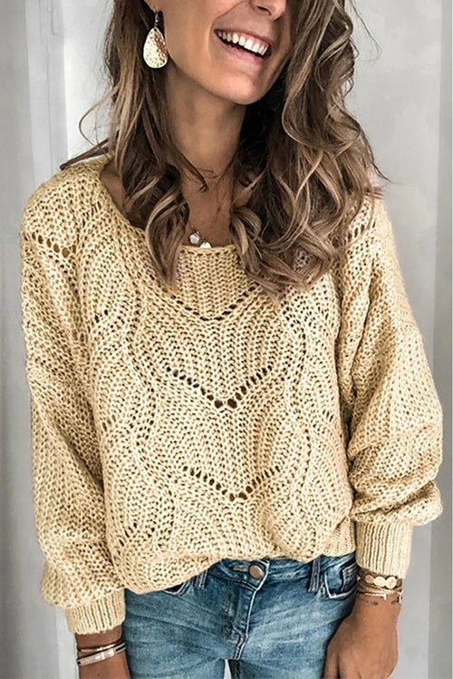 Women's Khaki Hollow-out Round Neck Knitted Sweater