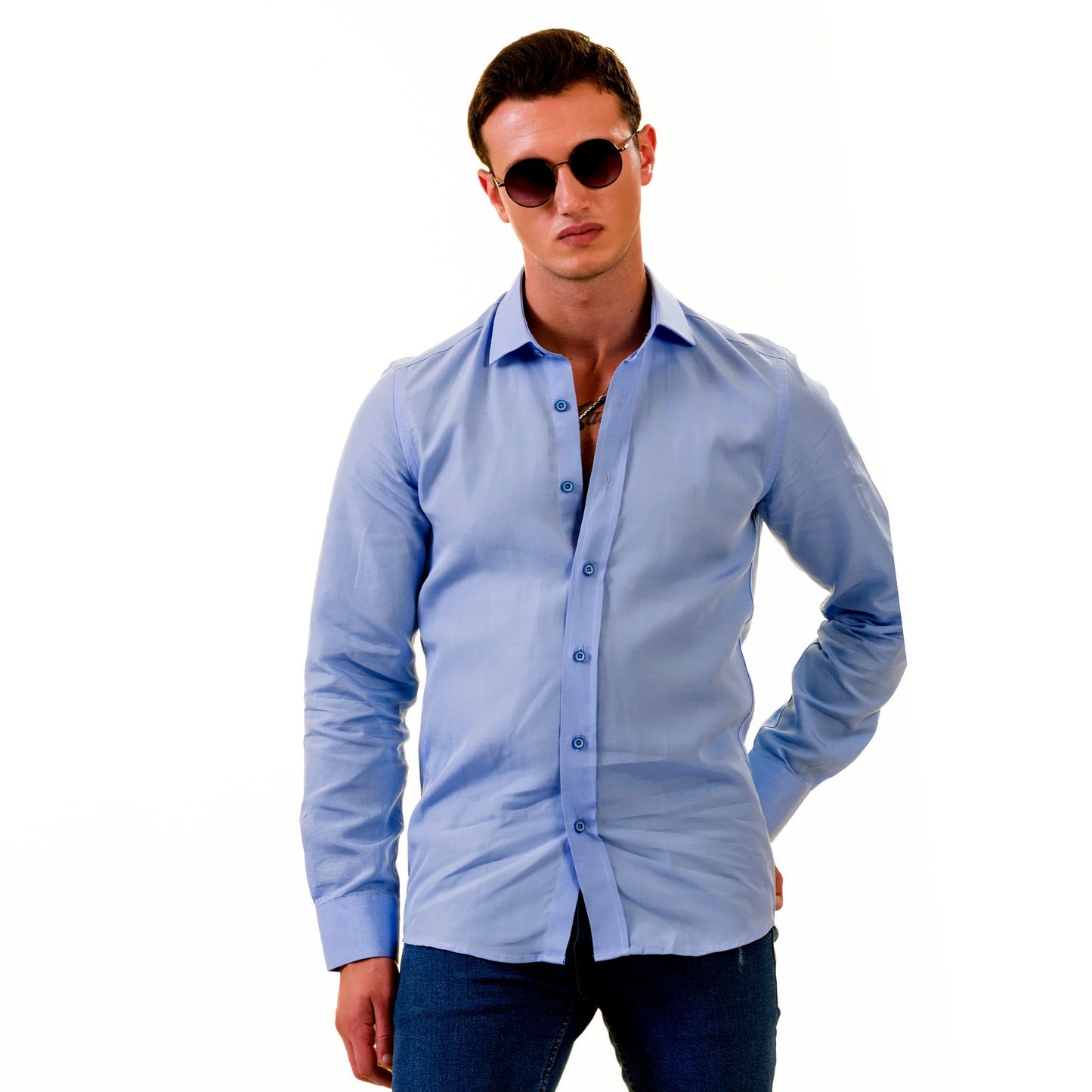 Sky Blue Luxury Men's Tailor Fit Button Up European Made Linen Shirts