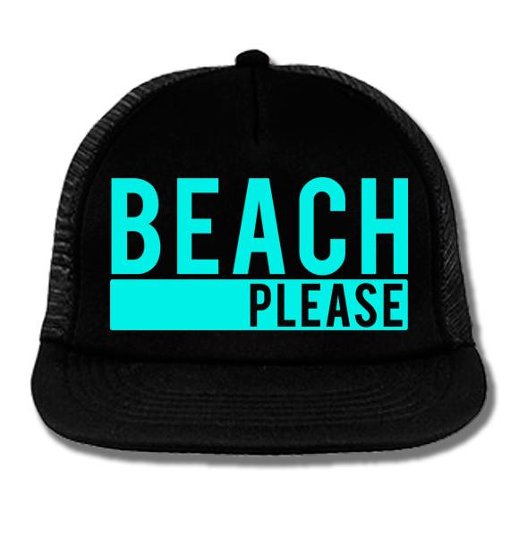BEACH PLEASE Black Trucker Hat with Aqua Print