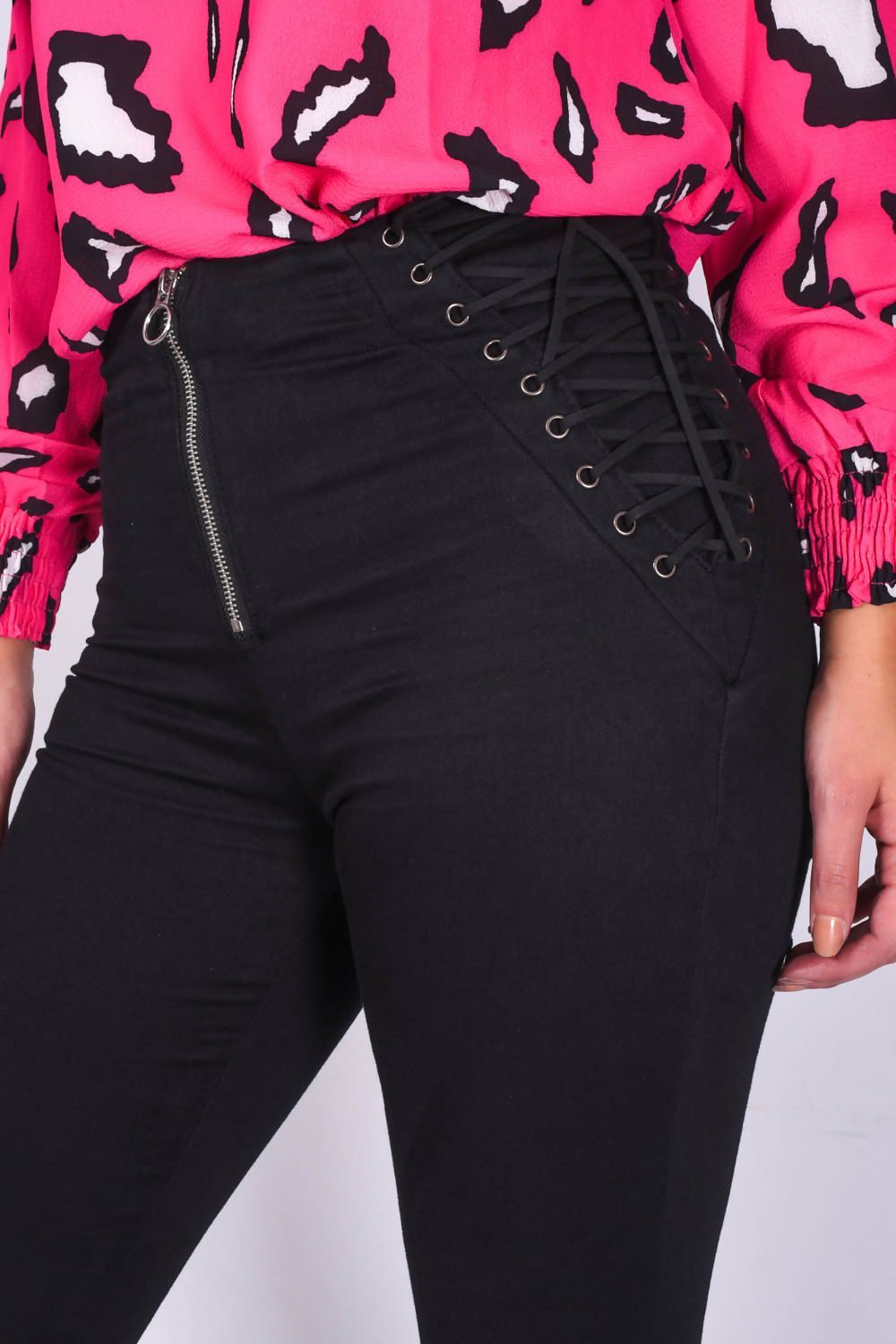 Black Denim Lace Up Detail Zip Front Skinny Jean