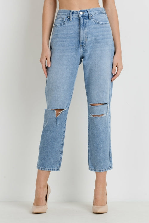 JUST BLACK DENIM HIGH WAISTED RELAXED FIT KNEE TEAR ANKLE LENGTH JEAN
