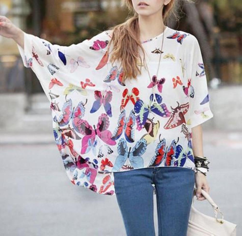 Womens Loose Fit Butterfly Theme Batwing Top