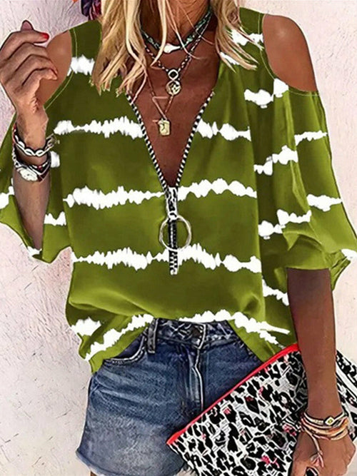 Printed Zipper Blouse Off Shoulder Hollow Out Party Tops