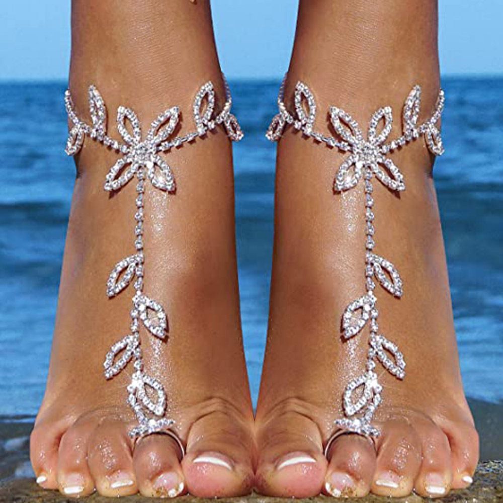 1PC Beach Wedding Jewelry Anklet with Rhinestone Toe Ring Leaf Bridal