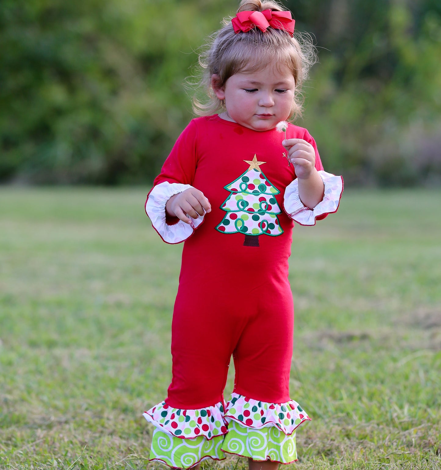 AnnLoren Baby Girls Red & White Christmas Tree Romper Outfit