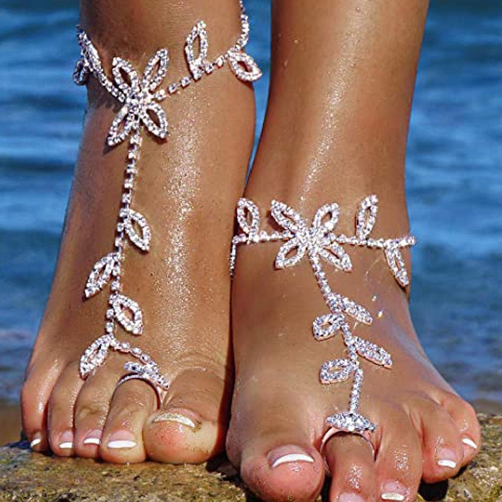 1PC Beach Wedding Jewelry Anklet with Rhinestone Toe Ring Leaf Bridal