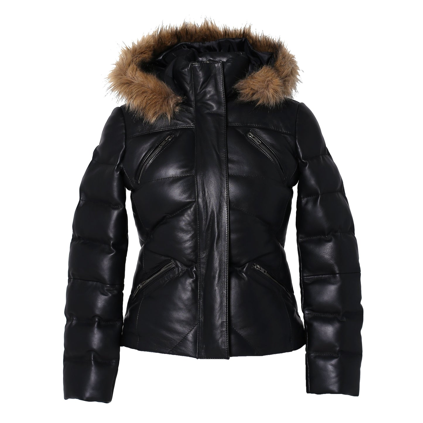 Women's Joselyn Black Puffer Winter Down Leather Jacket with Fur