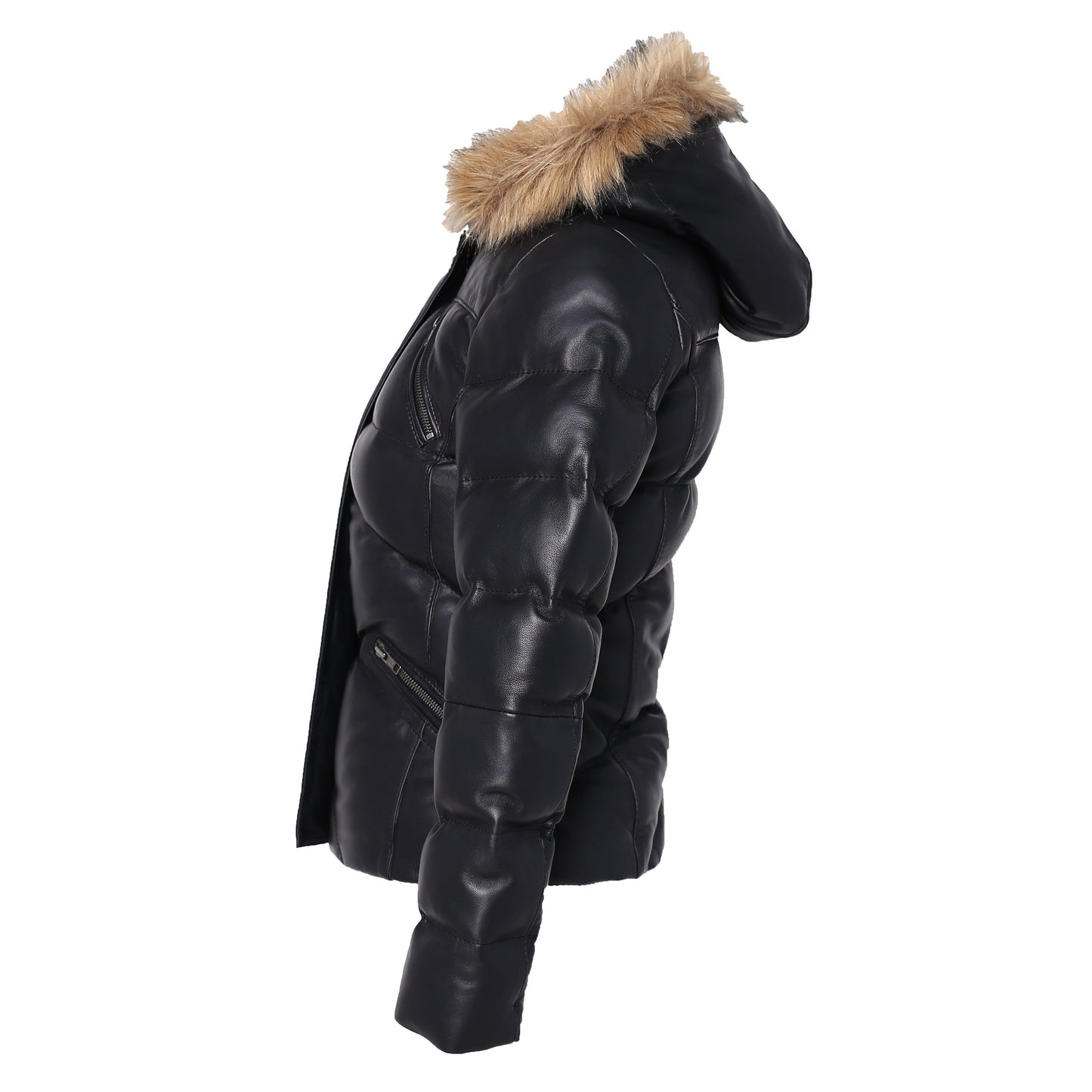 Women's Joselyn Black Puffer Winter Down Leather Jacket with Fur