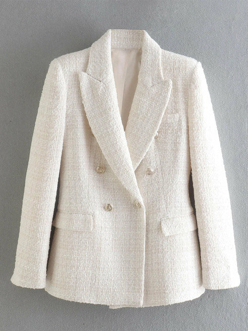 Women Jacket Double Breasted Tweed Blazer Coat