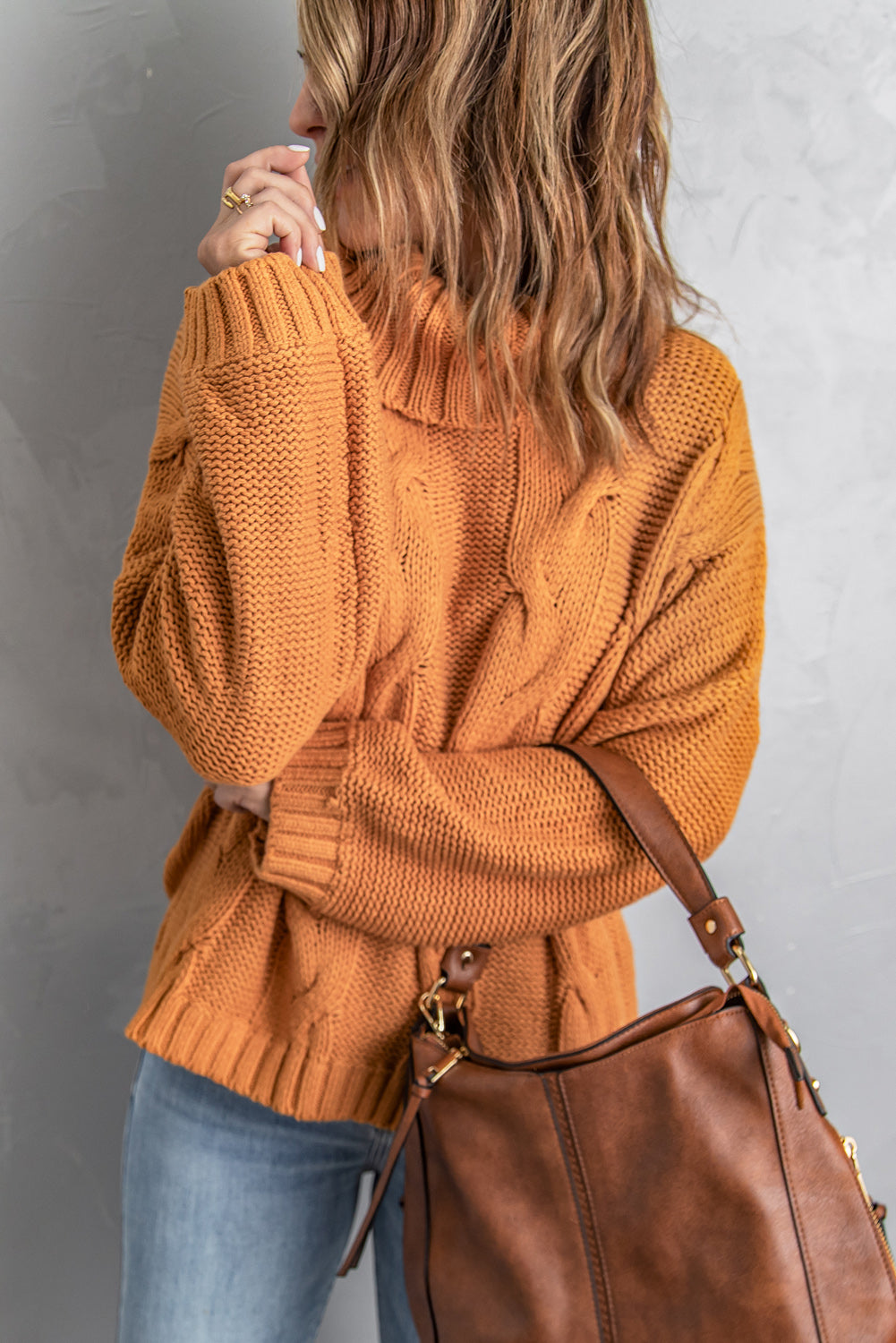 New Yellow Handmade Cable Knit Turtleneck Sweater