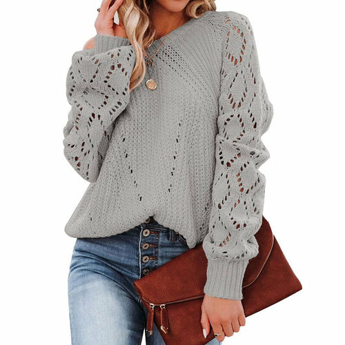 Lantern Sleeve Knitted Sweater Woman Autumn Winter Hollow Out Sweater