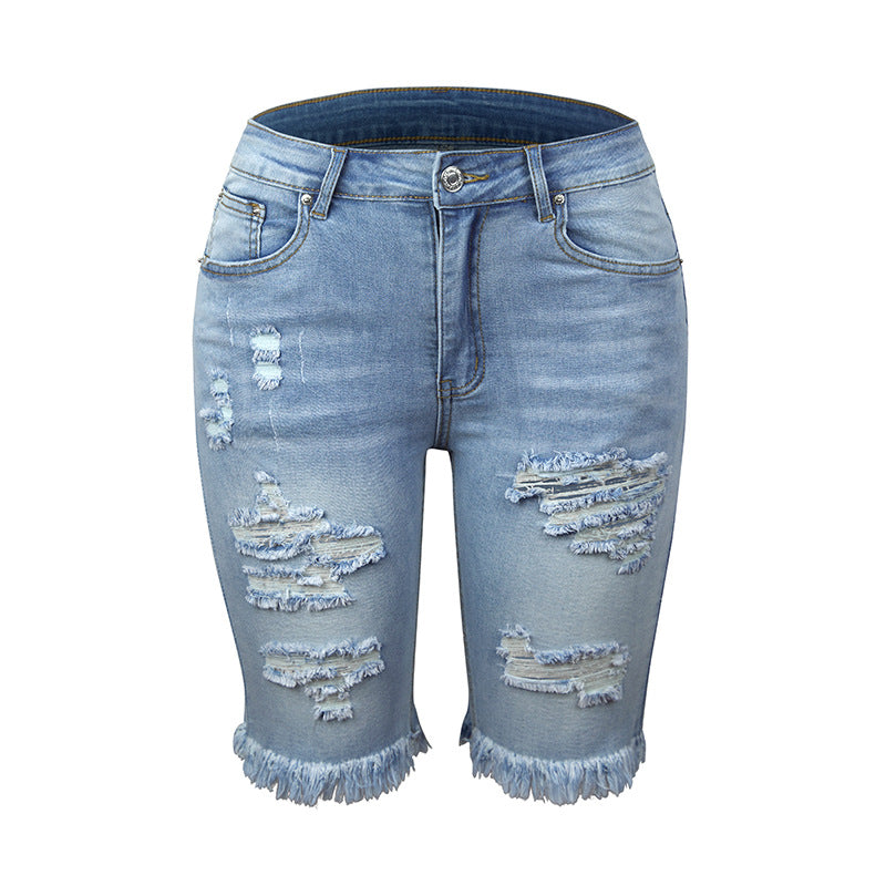 Fringed High Elasticity Mid-Waist Cropped Jeans with Ripped Holes