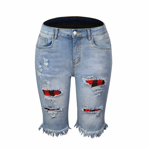 Fringed High Elasticity Mid-Waist Cropped Jeans with Ripped Holes