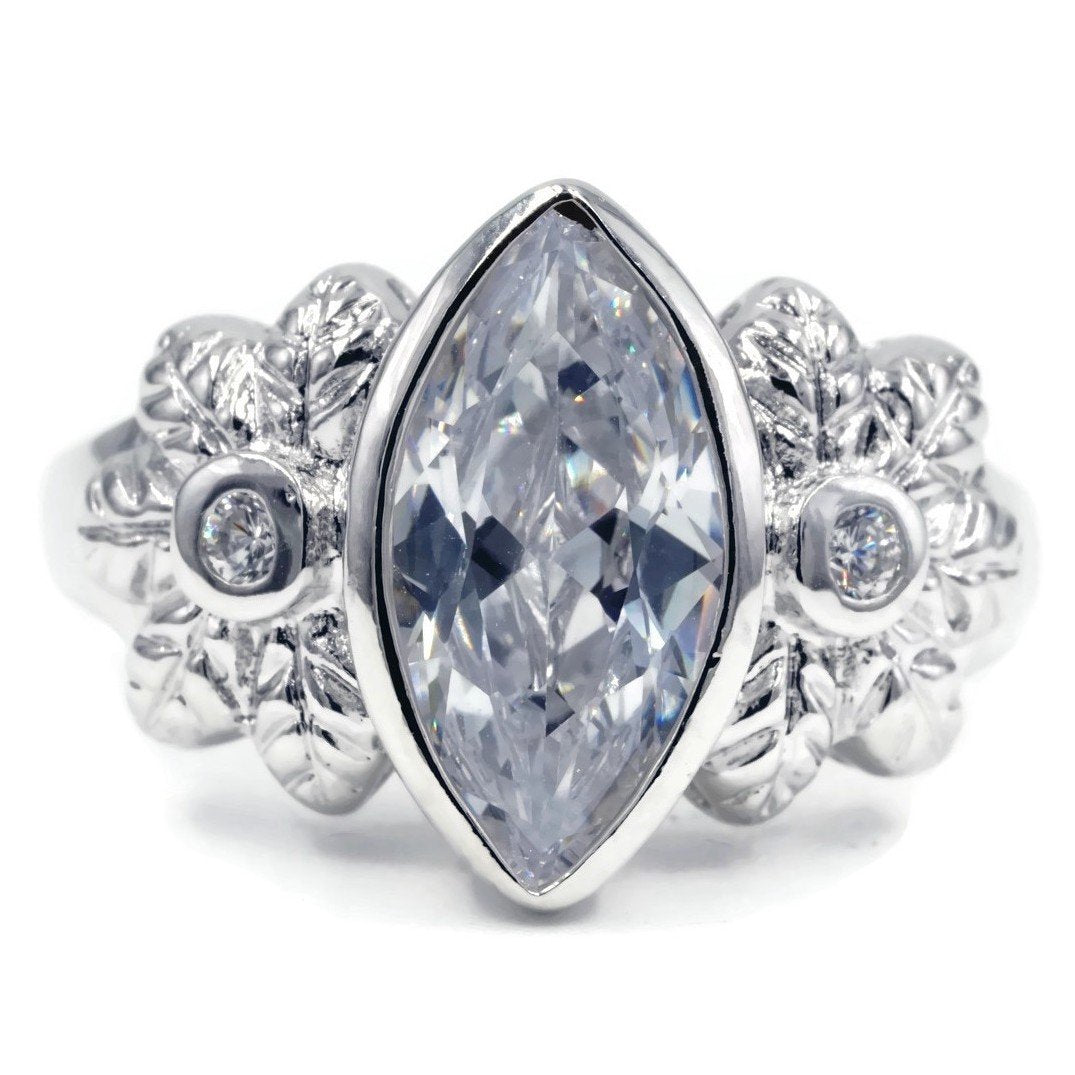 Large Bezel-Set Marquise Flower Detail Silver Statement Ring