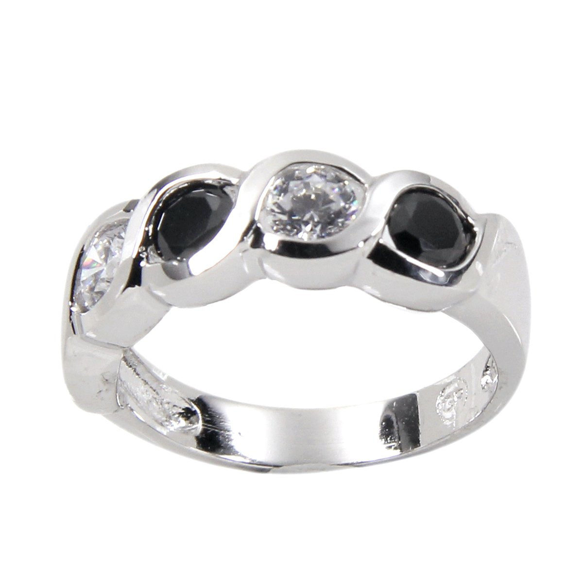 Impressive Sterling Silver Black Clear Alternating Bezel Ring