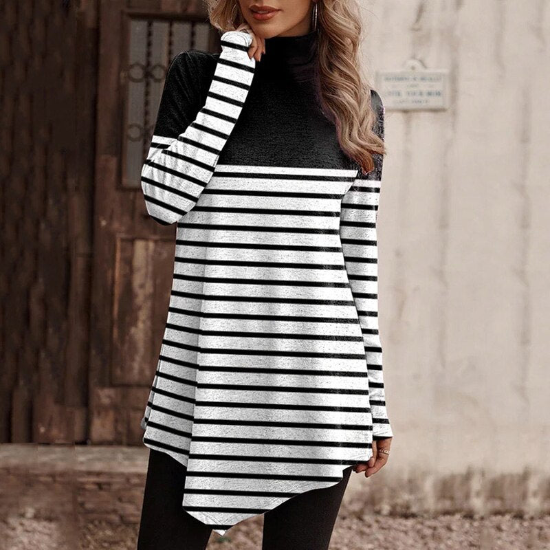 Women Striped Print Long Sleeve Mini Dress Casual Autumn Winter
