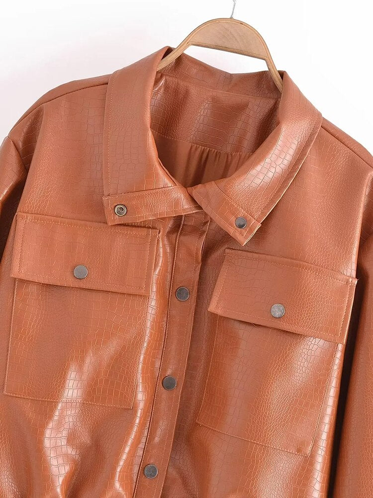 Solid Color PU Faux Leather Jacket Coats