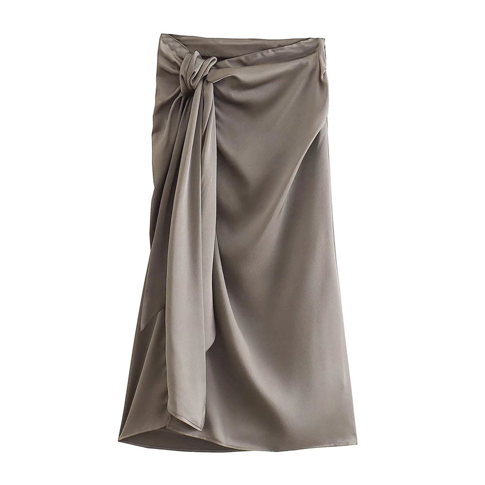 With Knotted Front Slit Midi Skirt  High Waist Side Zipper Skirts