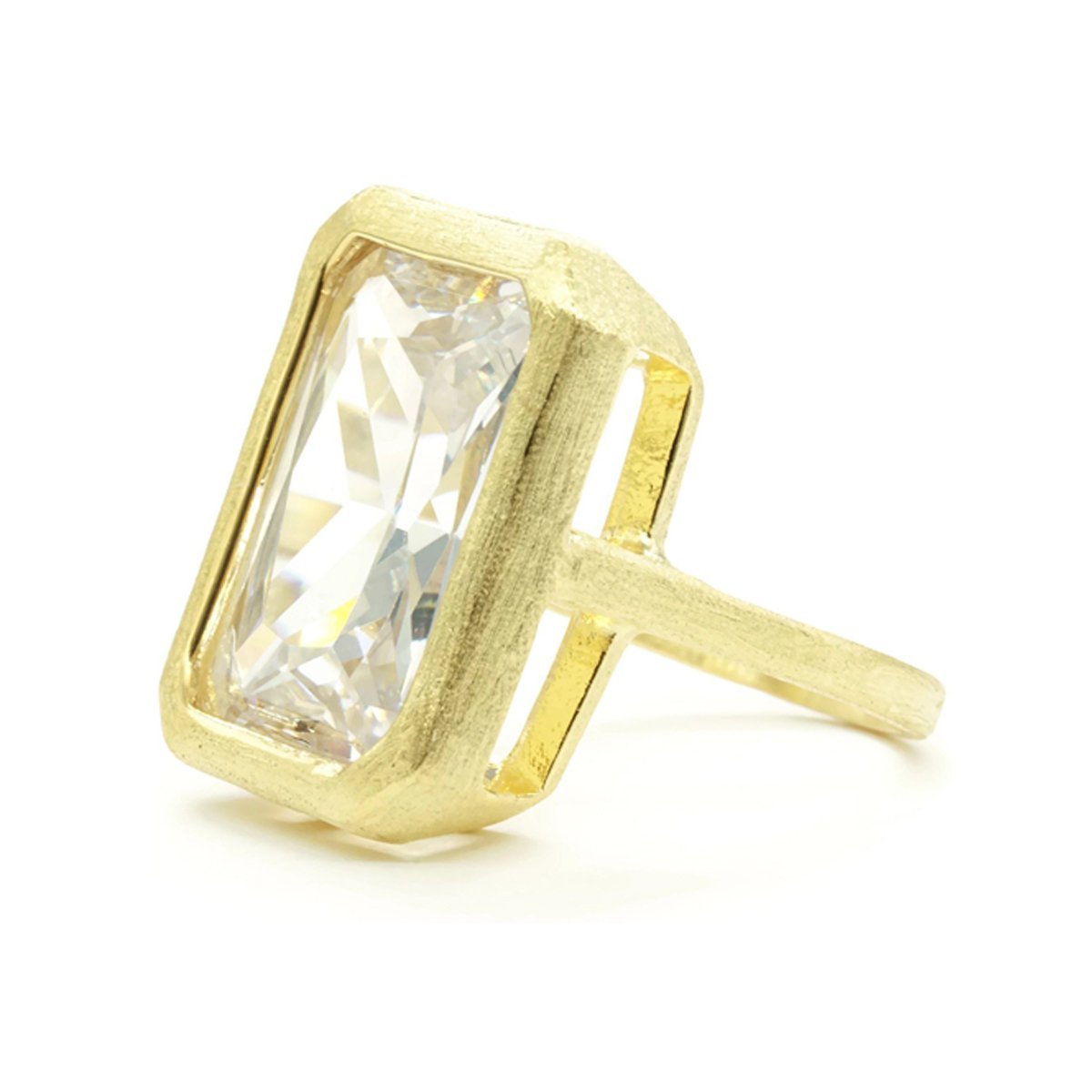 Huge Bezel-Set Emerald Cut Clear Brushed 14K Gold Ring