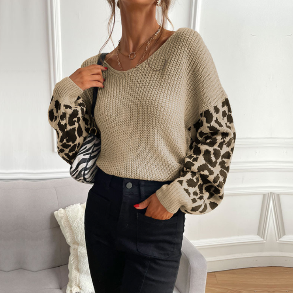 Womens V Neck Sweater With Leopard Print Sleeves