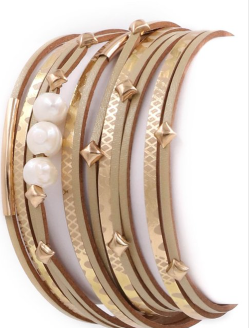 Faux leather pearl layered bracelet