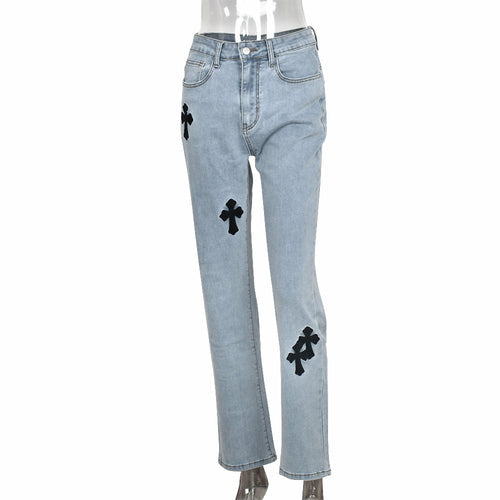 Cross Printed Baggy Jeans  Low Waist Straight Denim Trousers