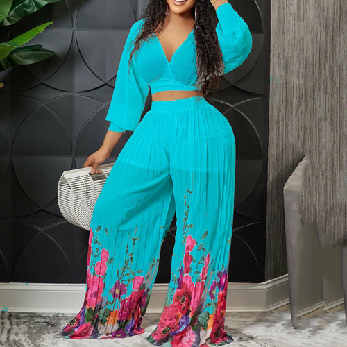Chiffon Pleated Crop Tops & Long Trousers Printed Outfits