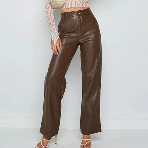 High Waist Brown Faux Leather Pants Streetwear