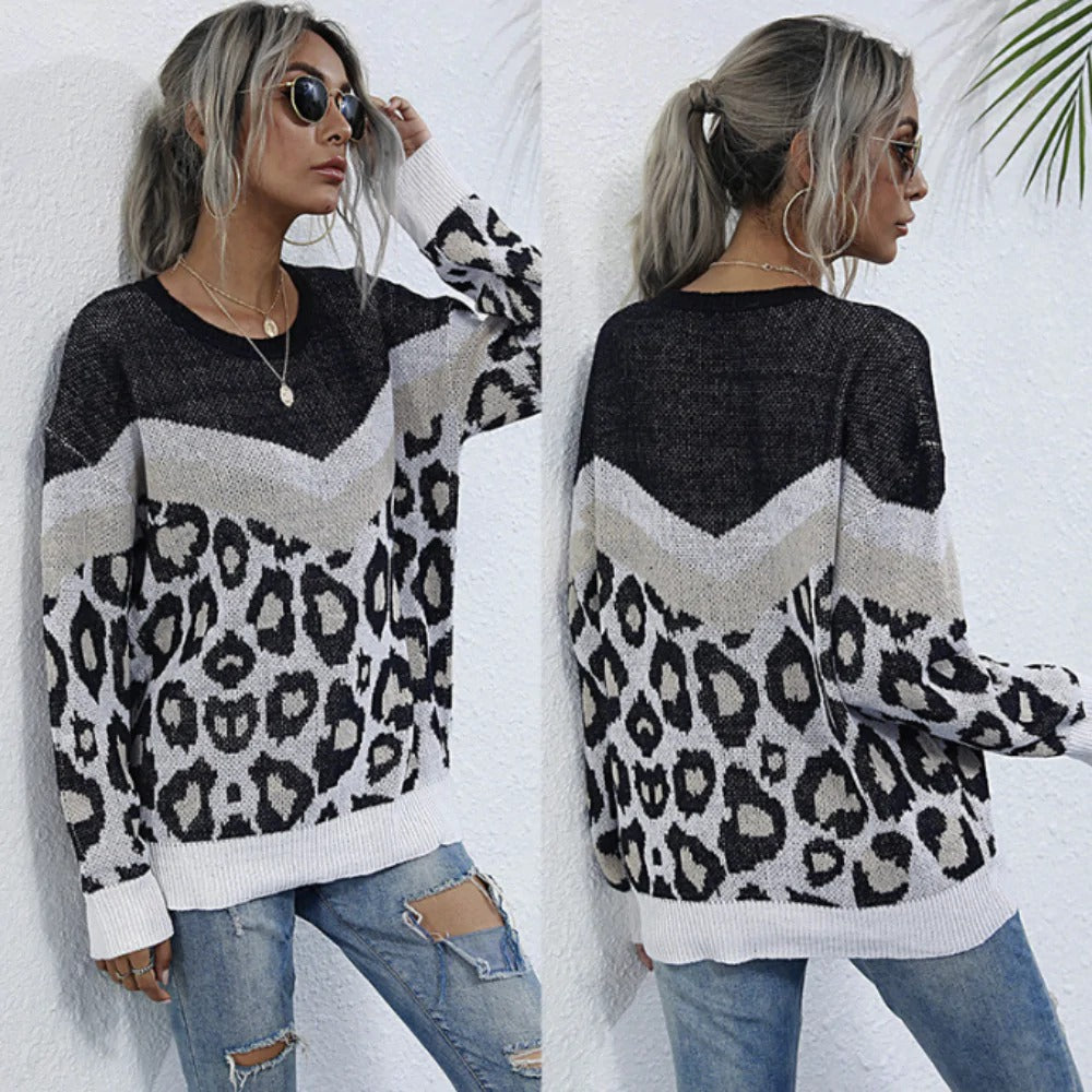 Womens Leopard Print Round Neck Sweater