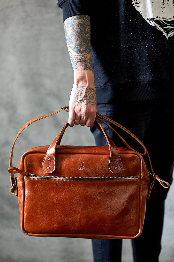 Leather Laptop Documents Bag for Men, Shoulder Zipper Bag, Gifts for