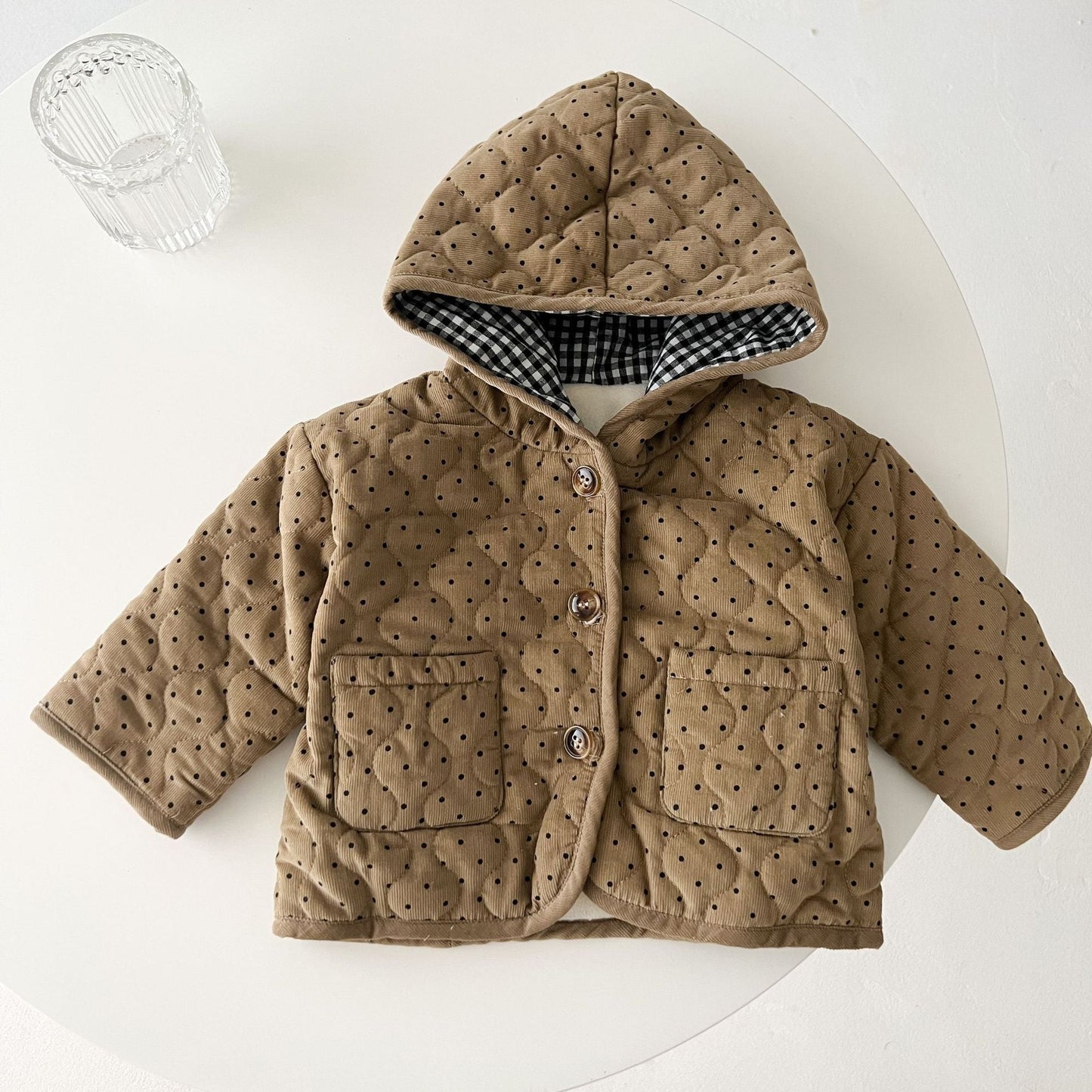 Baby Dot Pattern Corduroy Fabric Quilted Warm Coat With Hat