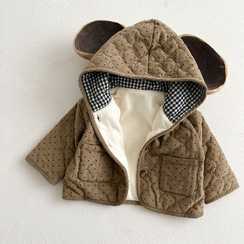 Baby Dot Pattern Corduroy Fabric Quilted Warm Coat With Hat